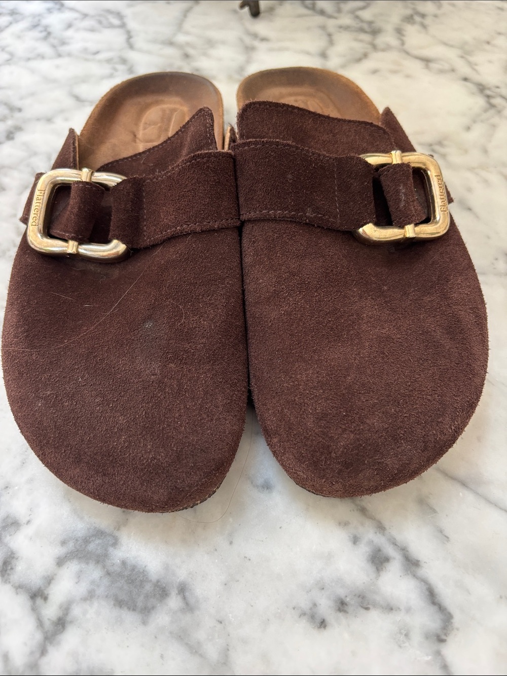 Flattered Dark Brown Suede Buckle Clogs